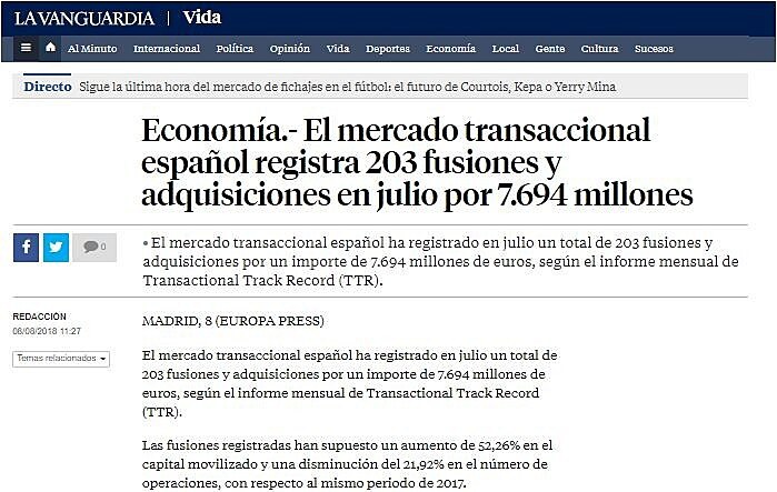 El mercado transaccional espaol registra 203 fusiones y adquisiciones en julio por 7.694 millones